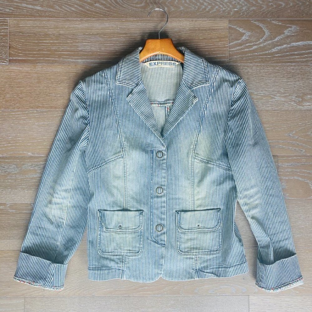 Express Striped Fitted Denim Jacket | Blue |  M